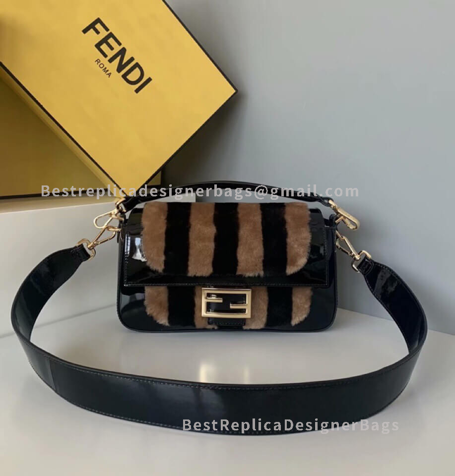 Fendi Baguette Medium Black Patent Leather And Sheepskin Bag GHW 0129M